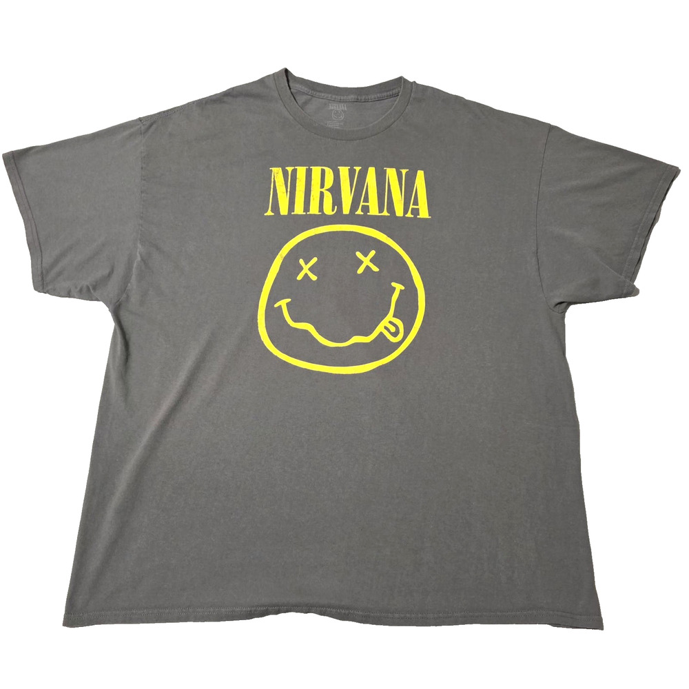 Nirvana Smiley Face Graphic T-Shirt Gray Charcoal Size 3XL Retro Grunge Rock Tee